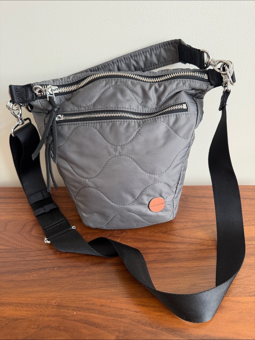 ShortyLOVE Quilted Gray Nylon Bucket Crossbody Bag